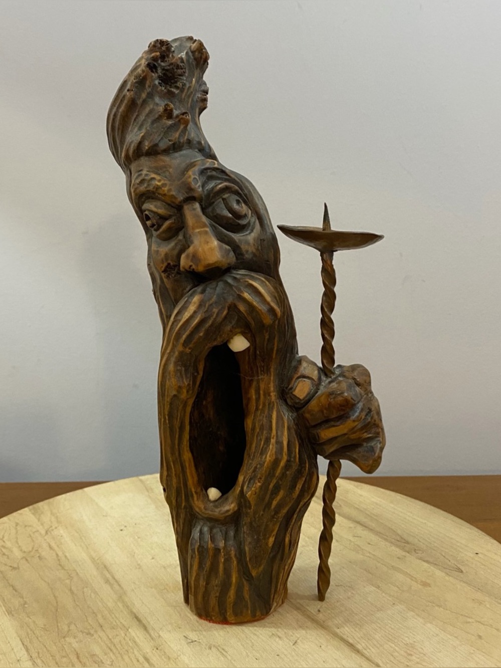 Vintage Hand Carved Wood Candle Holder Spirit Wizard Face Folk Art Cottagecore